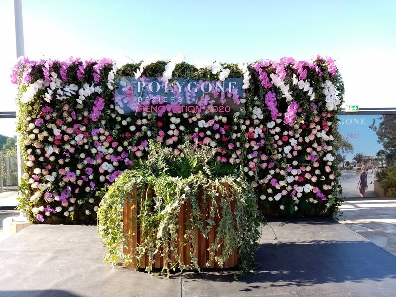 mur de fleurs orchidées et roses de l'equateur pour une inauguration 