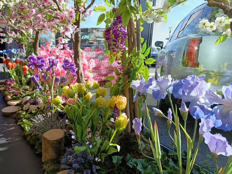 Les iris et les tulipes ainsi que d'autres vivaces forment le tapis de sous-bois dans ce concept printanier tout en artificiel.