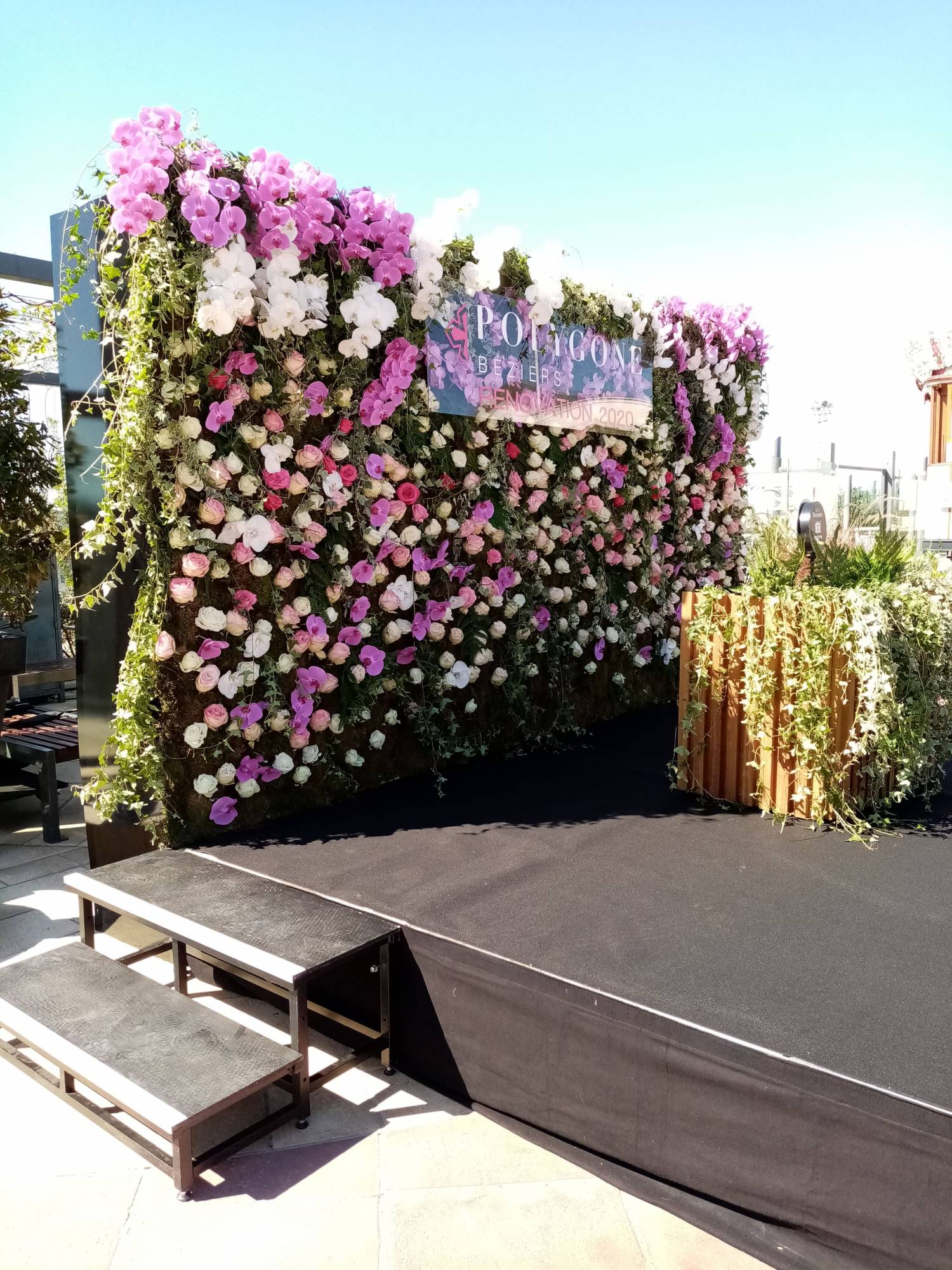 cascade de fleurs et de lierre sur des murs de roses