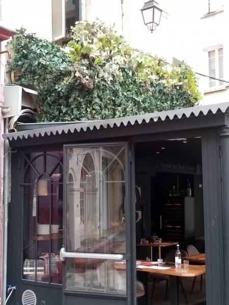 Véritable jardin suspendu, le décor de vigne adoucit l'entrée du restaurant.