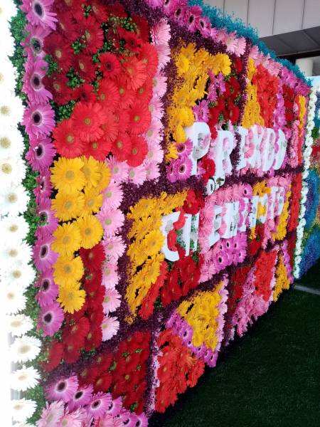 Mur floral de gerbera et gypsophile pour événement de remise de prix de  la bande dessinée Marseille