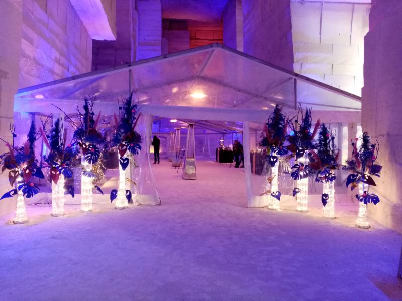 Composition florale pour inauguration et vernissage Culturespaces Carrières de Lumières Yves Klein Venise 2022