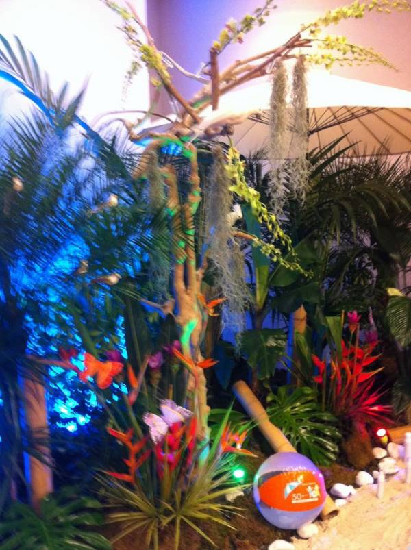 Dans les bois exotiques, des oiseaux perroquets font leur parade dans les fleurs exotiques.