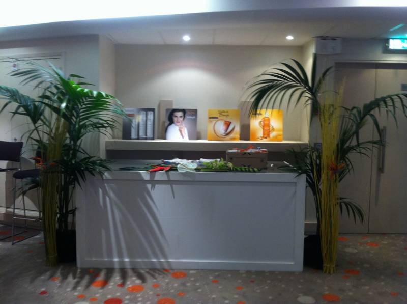 Autour des tables de buffets, des palmiers et décorations exotiques accentuent l'ambiance des îles.