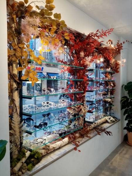 Décor de fleurs à la vente ou à la location pour une vitrine de magasin d'opticien Atol à Aix en Provence