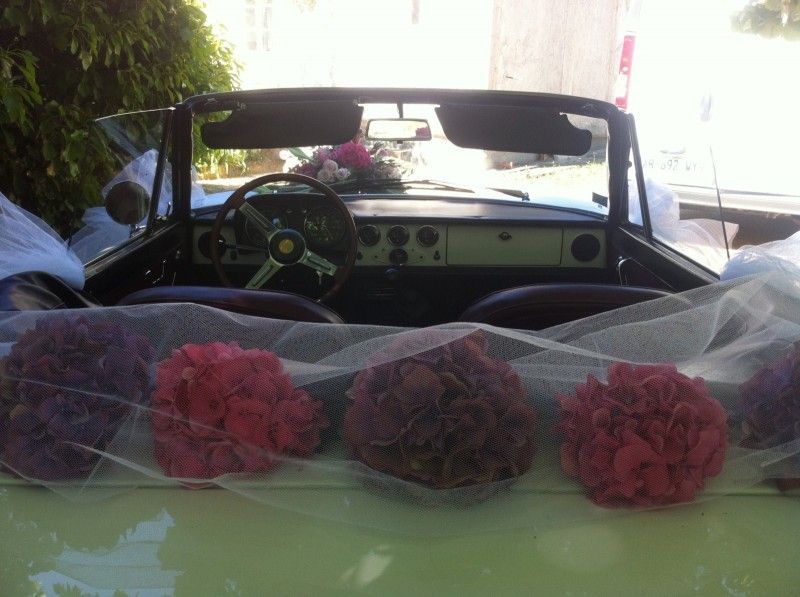 les hrotensias à grosses fleurs dans un étui de tulle donne un air de romantisme à cette voiture