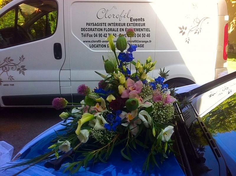 bouquet de fleurs bleues et roses pour la voiture des mariés