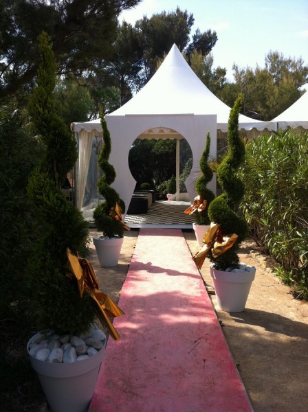 A Saint Aygulf, une allée nuptiale composée de plantes (buis boules et coniques, cyprès spirales, oliviers boule sur troncs,...) forme une haie d'honneur grandiose.